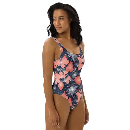 Coral Midnight Bloom on a One-Piece Swimsuit