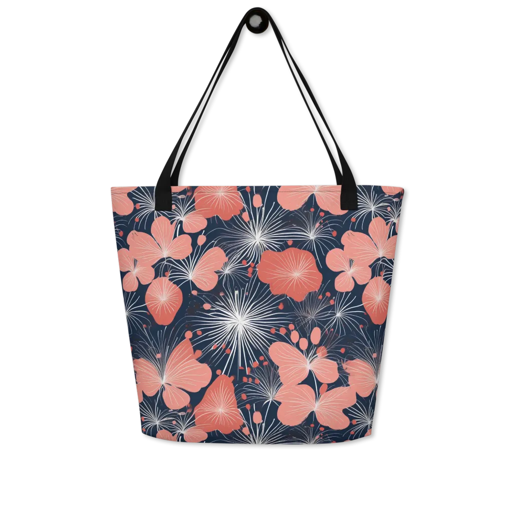Coral Midnight Bloom on Large Tote Bag W/ Pocket — Front