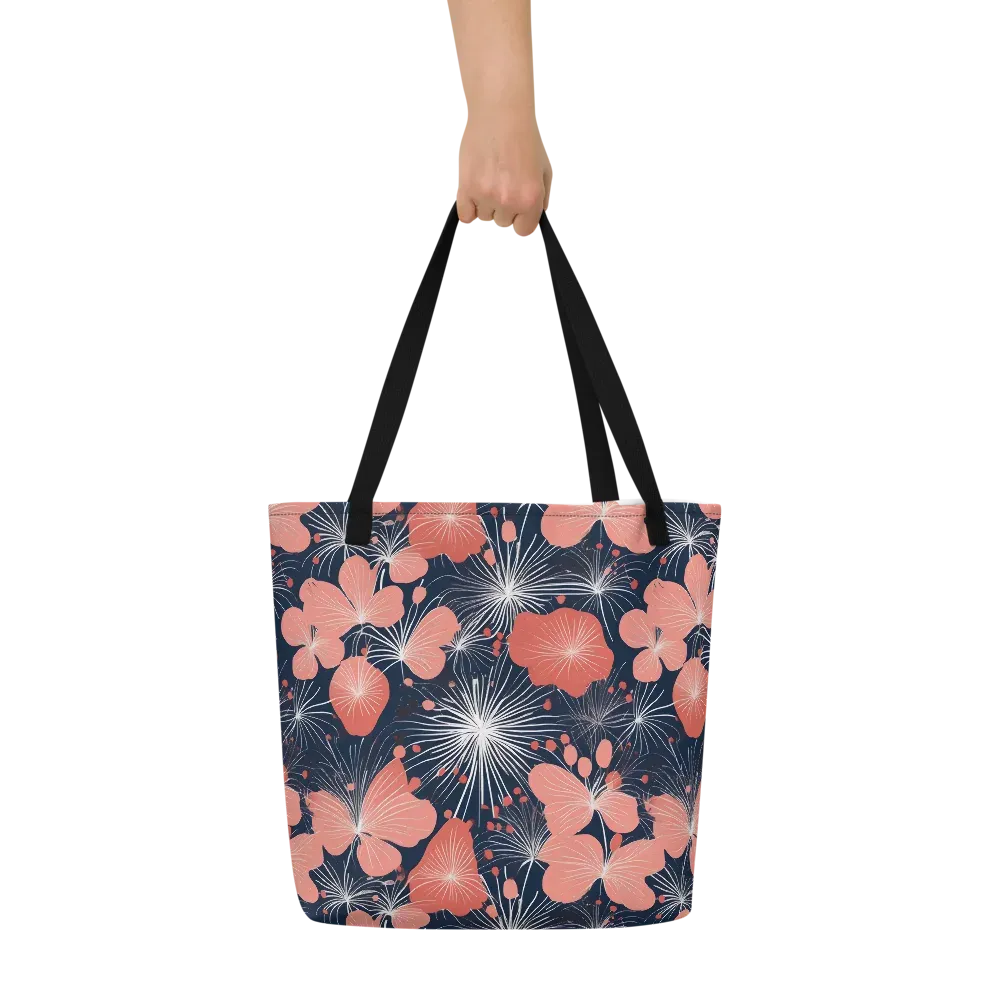 Coral Midnight Bloom on Large Tote Bag W/ Pocket — Front
