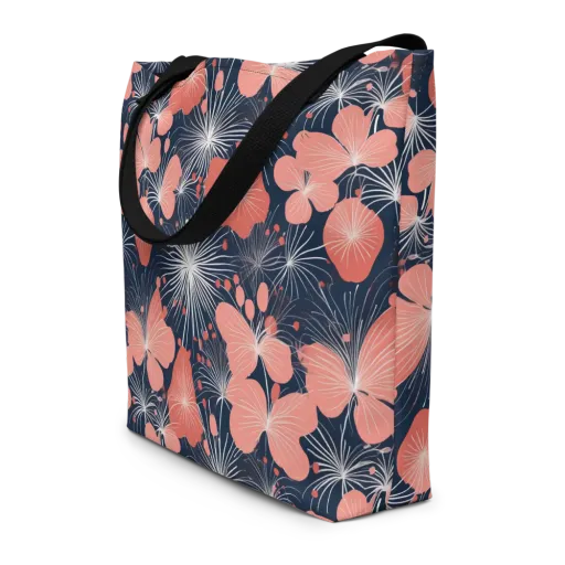 Coral Midnight Bloom on a Large Tote Bag W/ Pocket