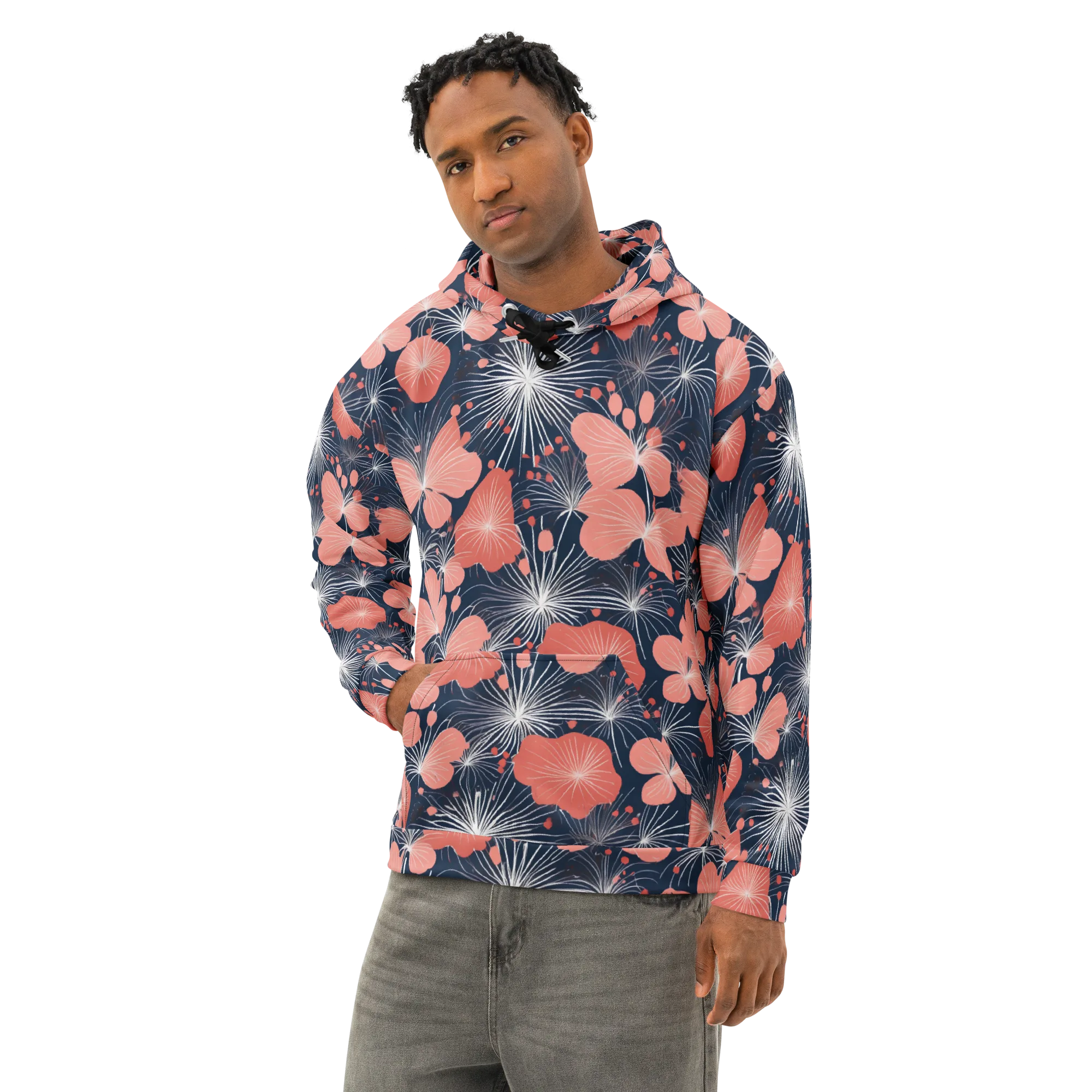 Coral Midnight Bloom on Cotton Hoodie — Left Front