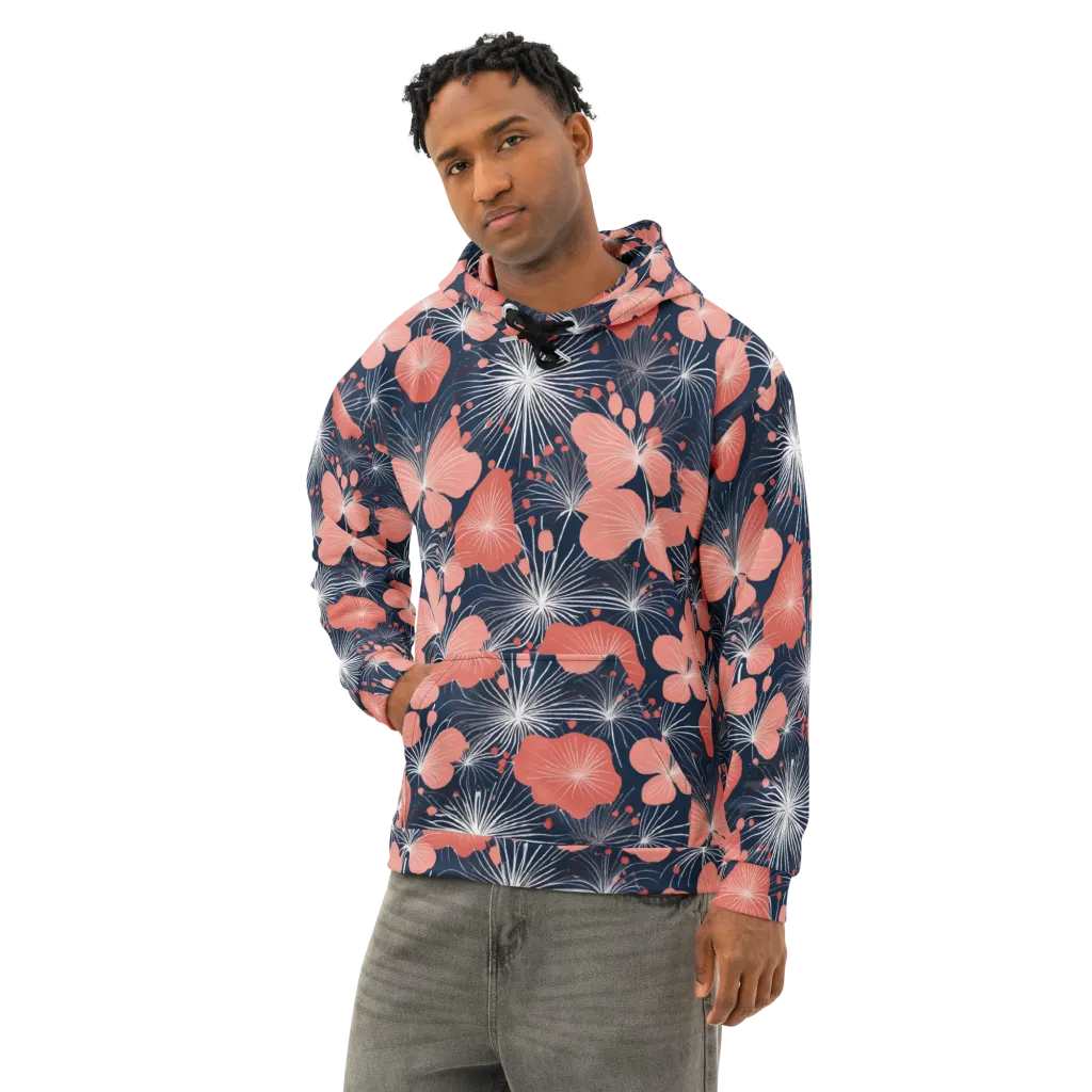 Coral Midnight Bloom on Cotton Hoodie — Left Front