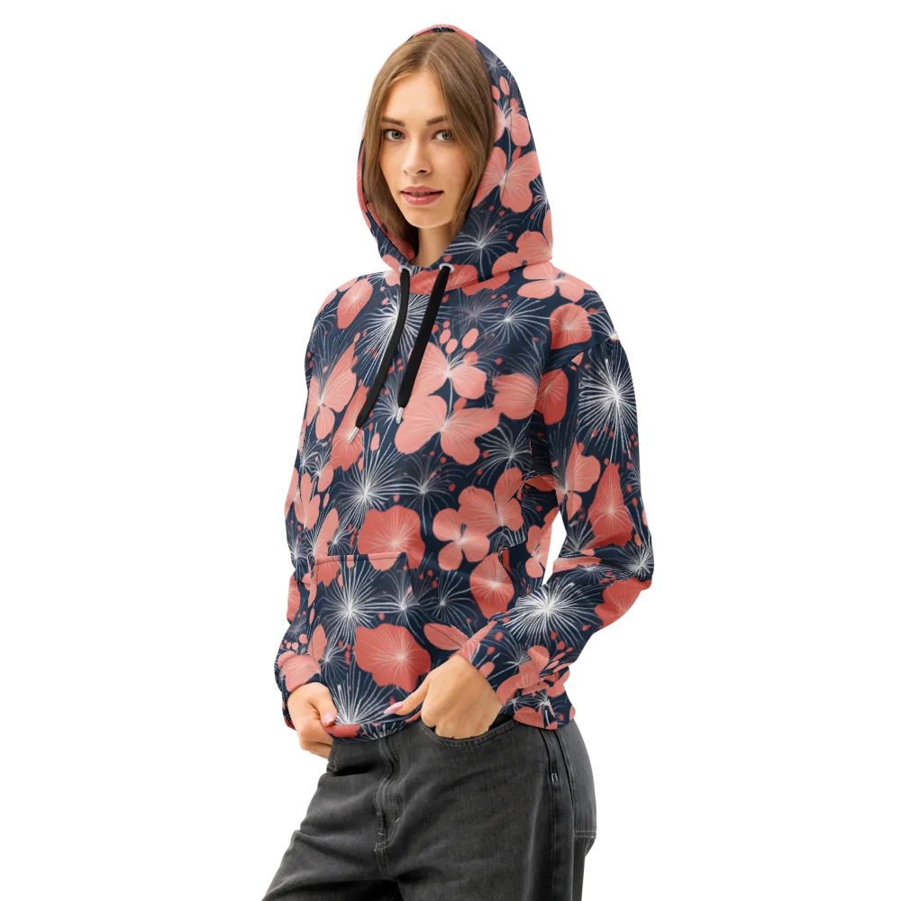 Coral Midnight Bloom on Cotton Hoodie — Left Front