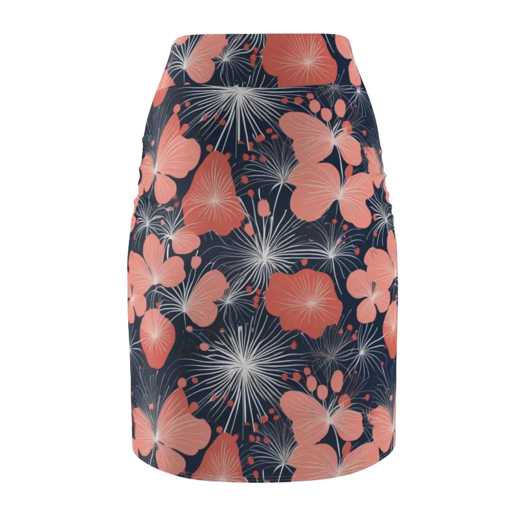 Coral Midnight Bloom on Pencil Skirt — Back