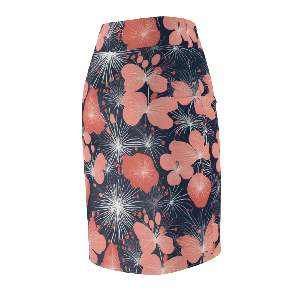 Coral Midnight Bloom on Pencil Skirt — Back Side