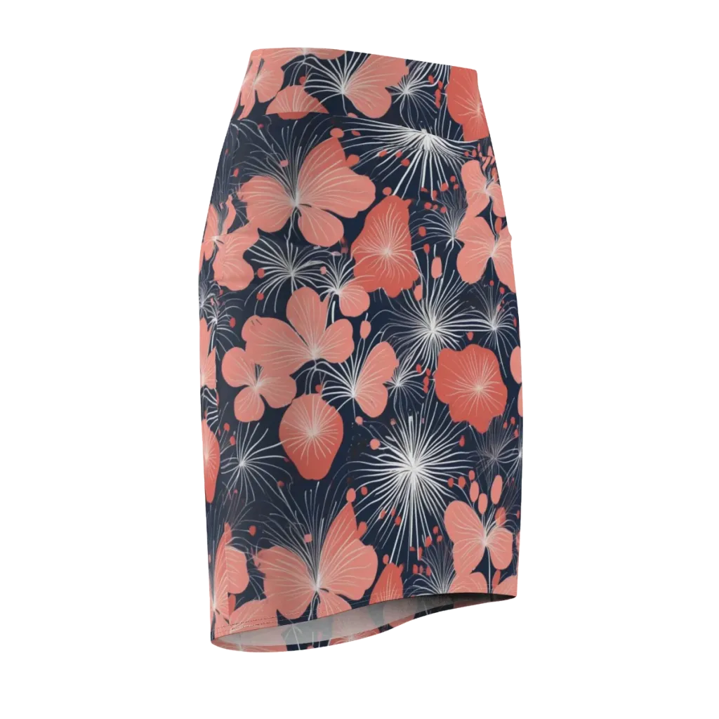 Coral Midnight Bloom on Pencil Skirt — Front Side