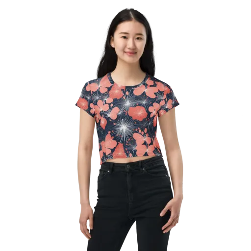 Coral Midnight Bloom on a Crop Tee