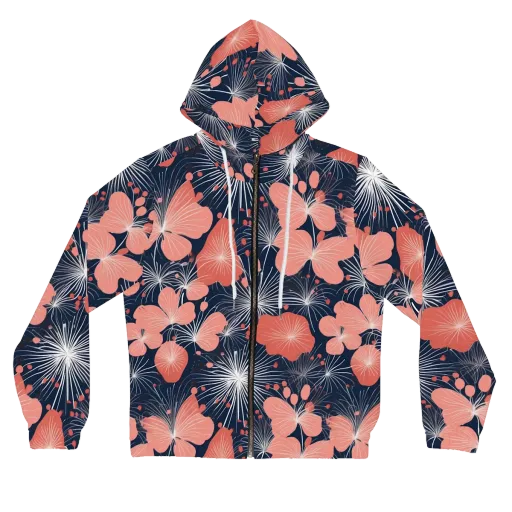 Coral Midnight Bloom on a Women's Full-Zip Hoodie