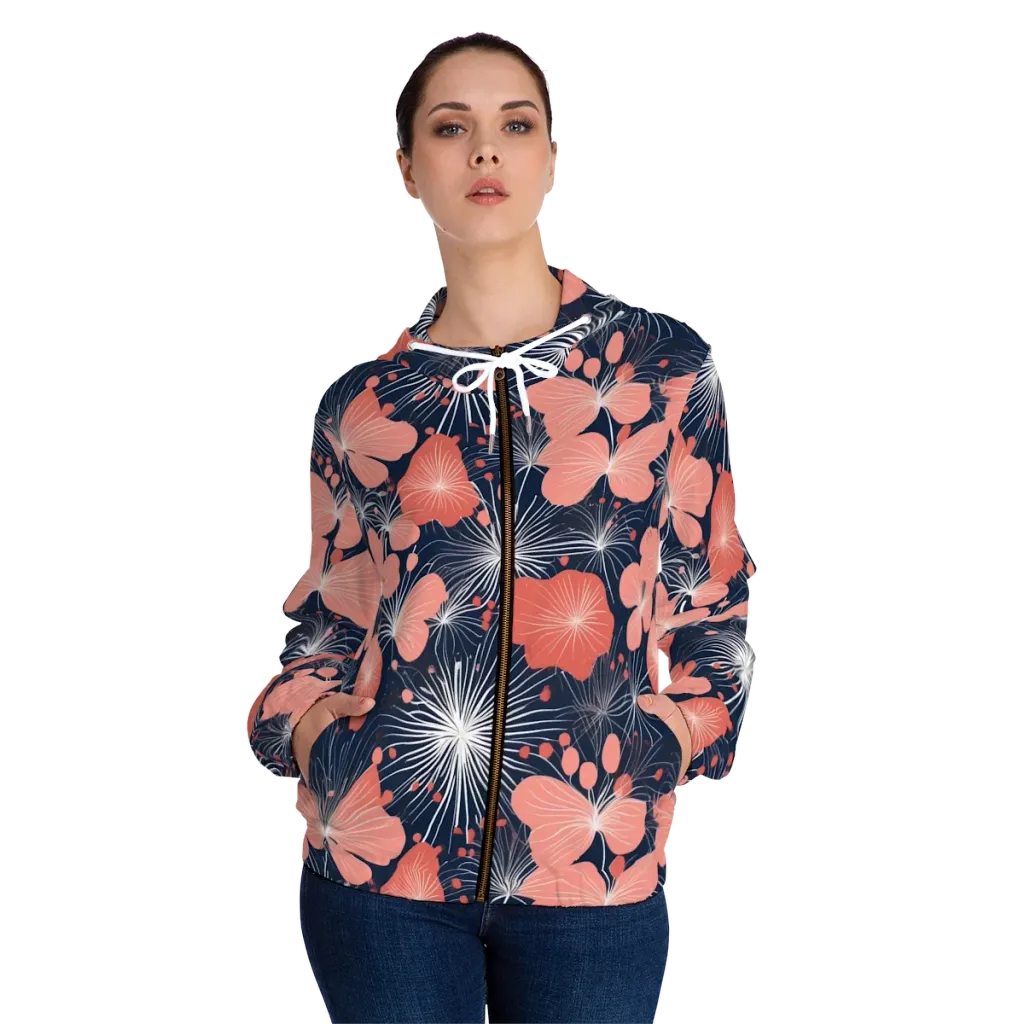 Coral Midnight Bloom on Women's Full-Zip Hoodie — Front On Person