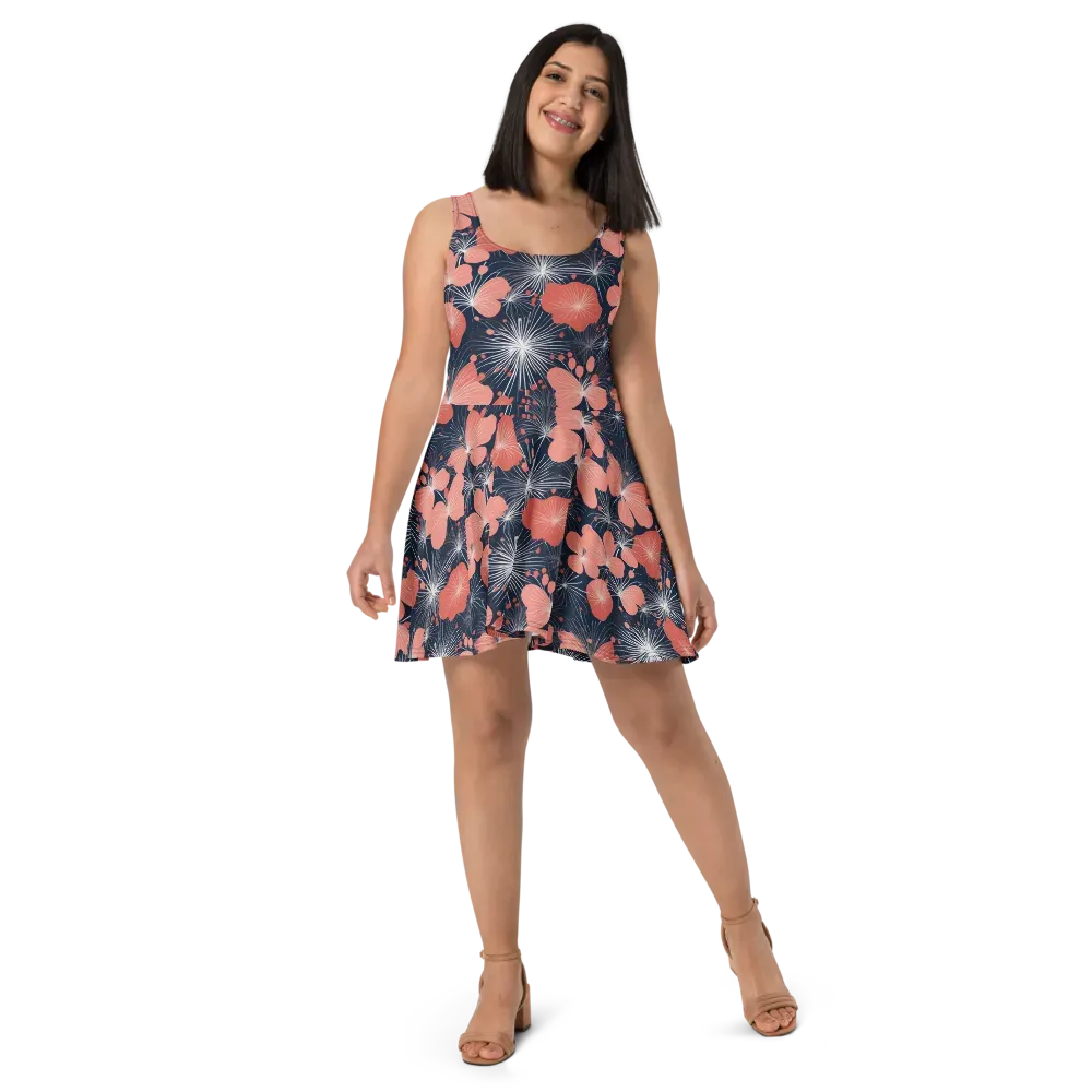 Coral Midnight Bloom on Skater Dress — Front