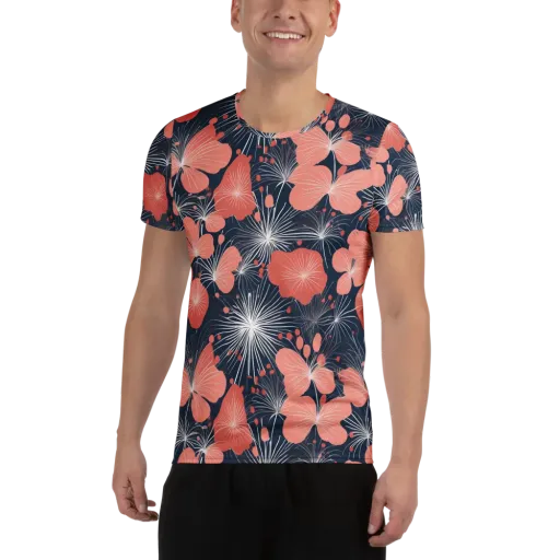 Coral Midnight Bloom on a Men's Athletic T-Shirt