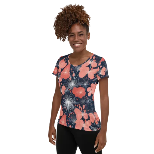 Coral Midnight Bloom on a Women's Athletic T-Shirt