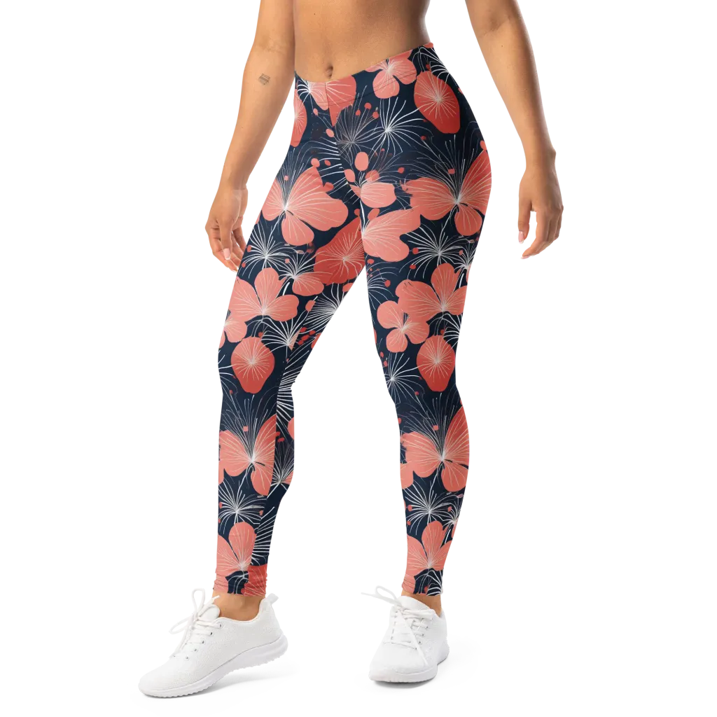 Coral Midnight Bloom on Leggings — Left Front