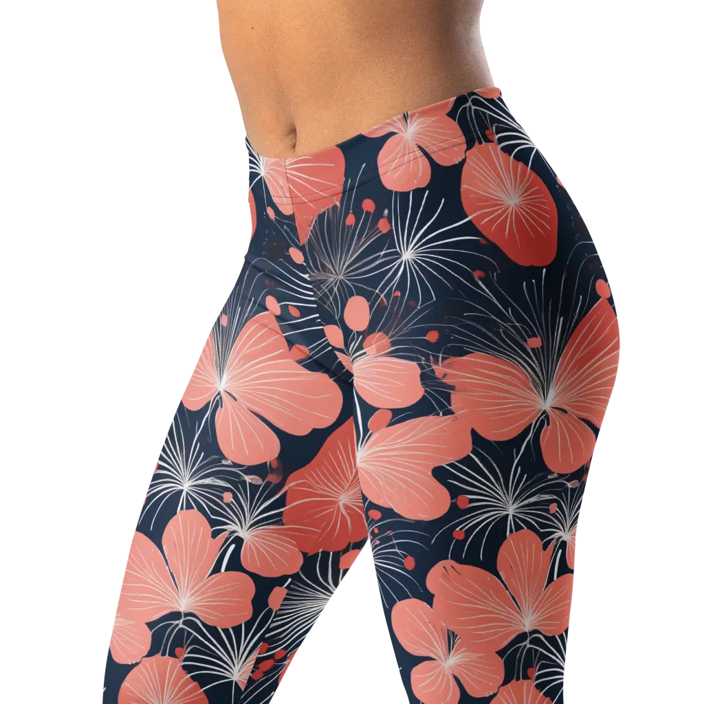 Coral Midnight Bloom on Leggings — Left Front