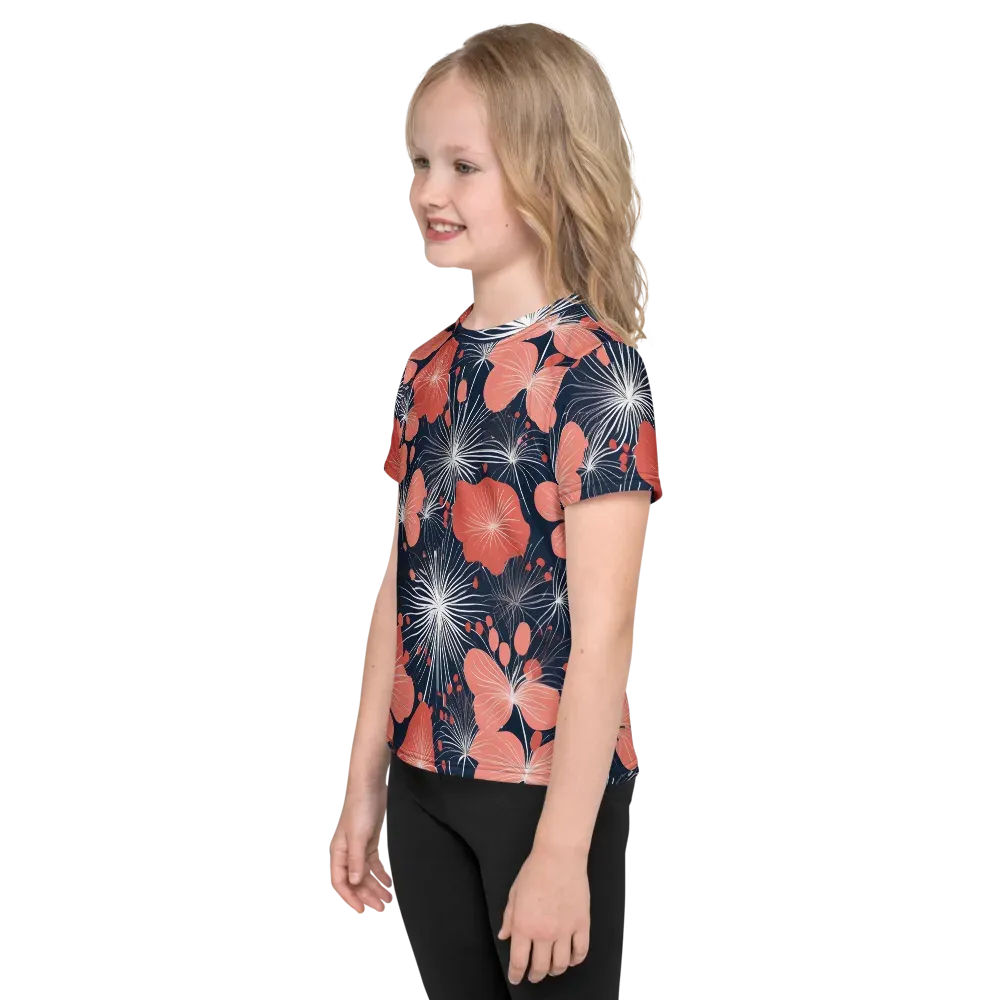 Coral Midnight Bloom on Kids Crew Neck T-Shirt — Left