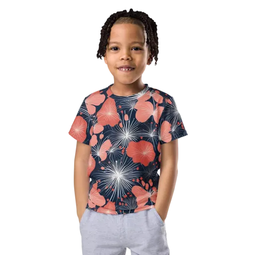 Coral Midnight Bloom on a Kids Crew Neck T-Shirt