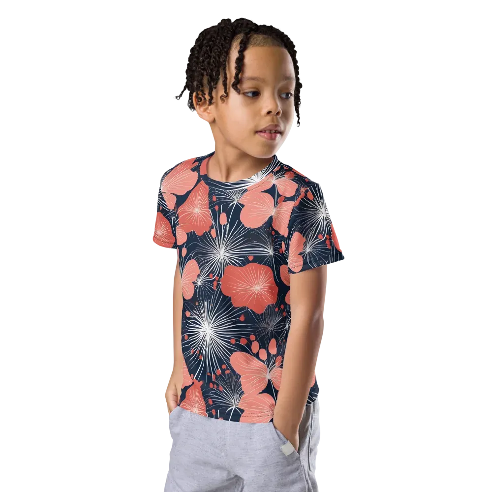 Coral Midnight Bloom on Kids Crew Neck T-Shirt — Left Front