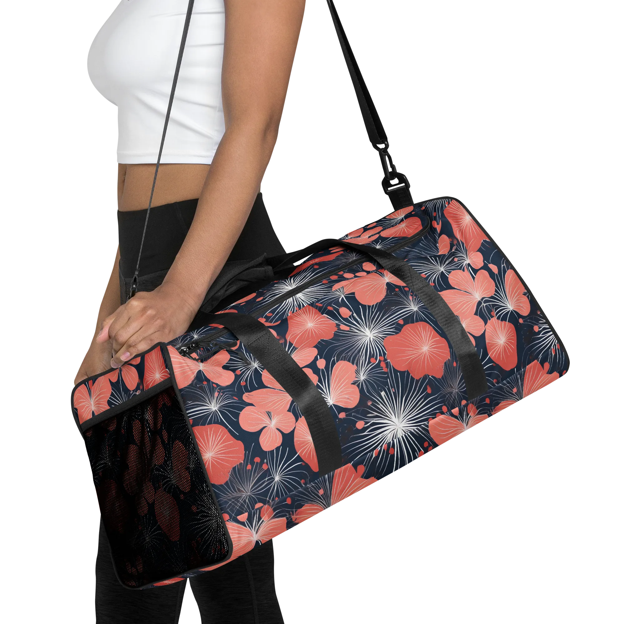 Coral Midnight Bloom on Duffle Bag — Front