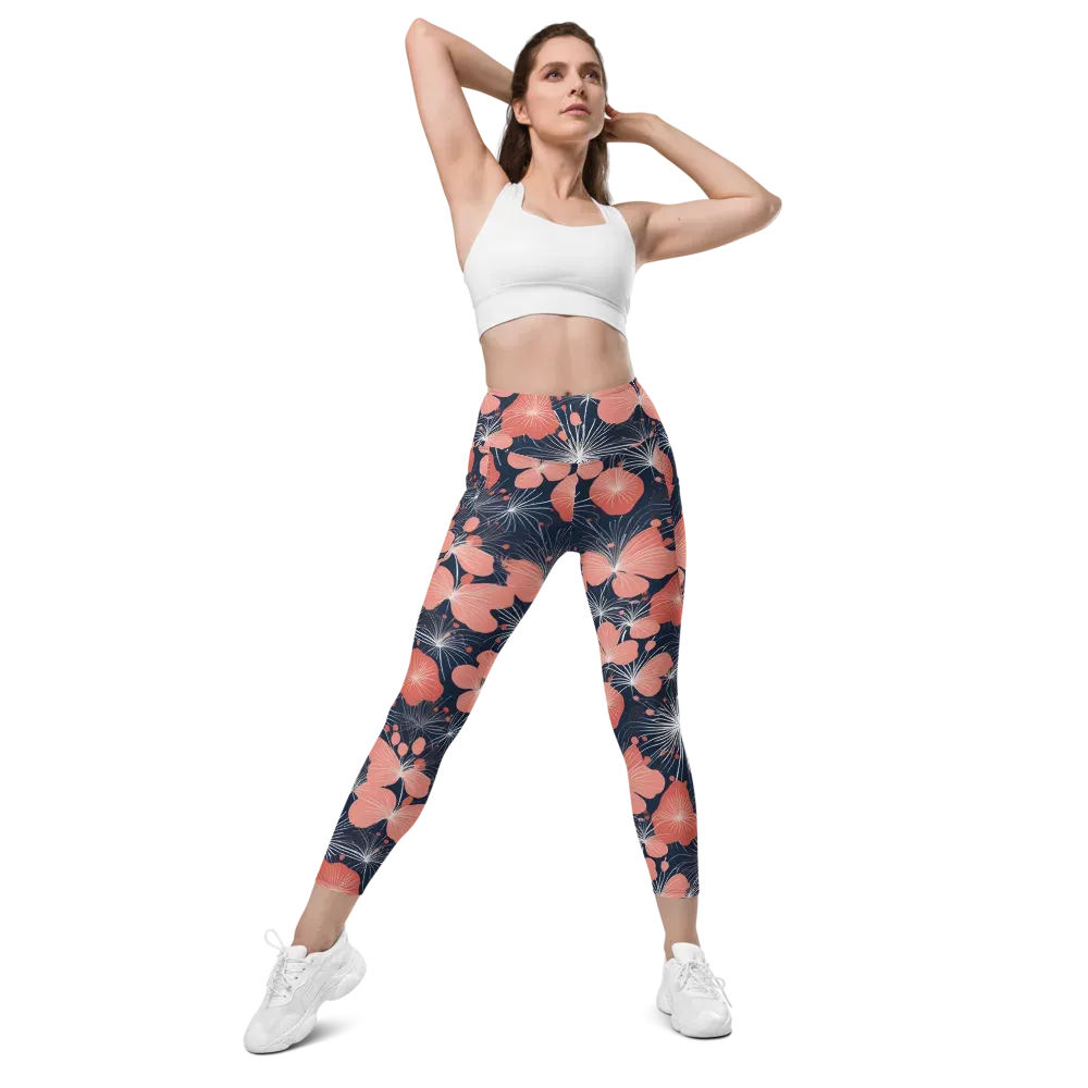 Coral Midnight Bloom on Leggings with Pockets — Front