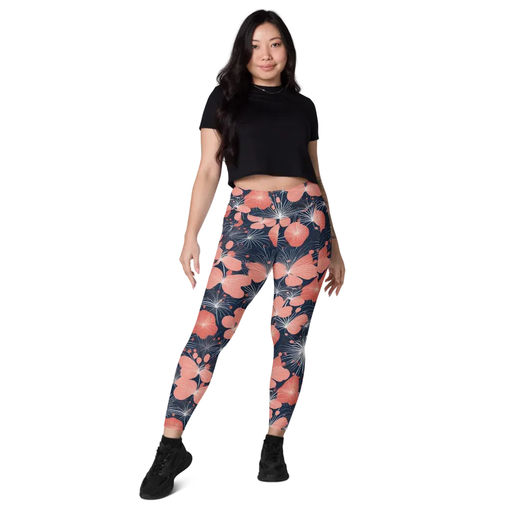 Coral Midnight Bloom on Leggings with Pockets — Front