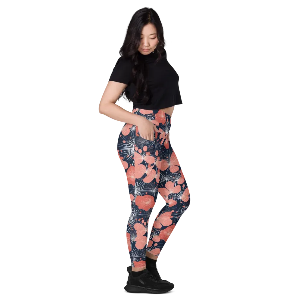 Coral Midnight Bloom on Leggings with Pockets — Right
