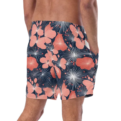 Coral Midnight Bloom on a Swim Trunks