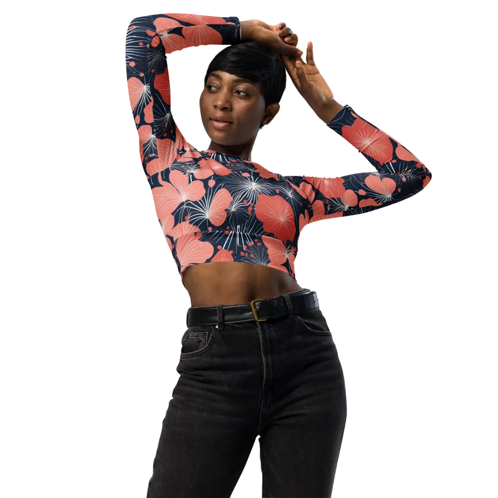 Coral Midnight Bloom on Long Sleeve Crop Top — Front