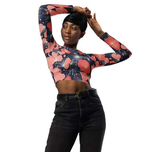Coral Midnight Bloom on a Long Sleeve Crop Top