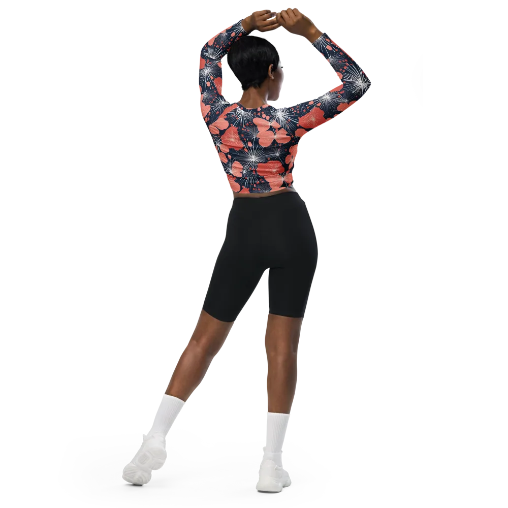 Coral Midnight Bloom on Long Sleeve Crop Top — Back