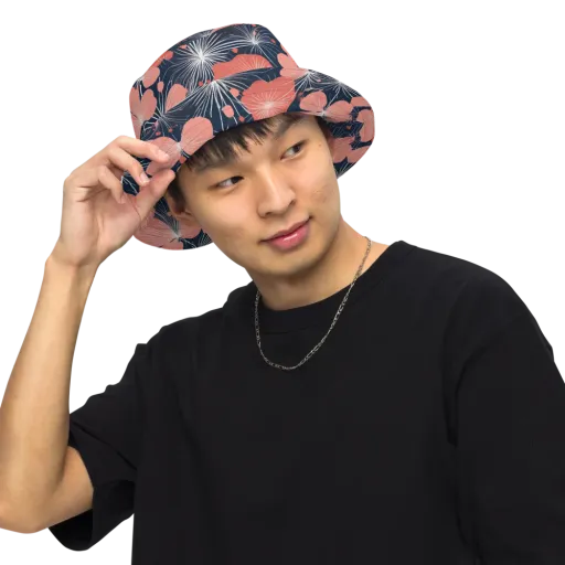 Coral Midnight Bloom on a Reversible Bucket Hat