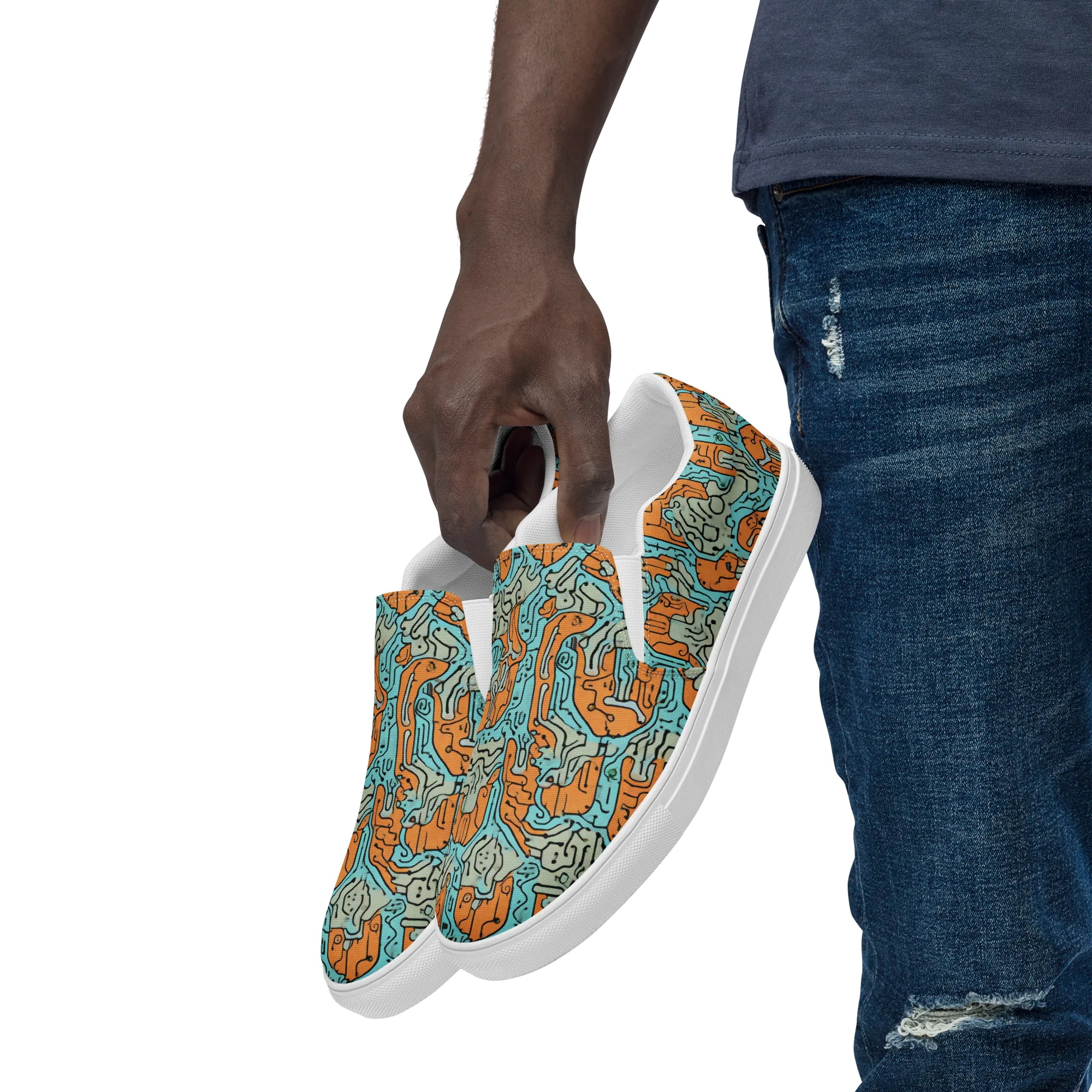 Tangerine Circuit on Men's Slip-On Canvas Shoes — Left Front