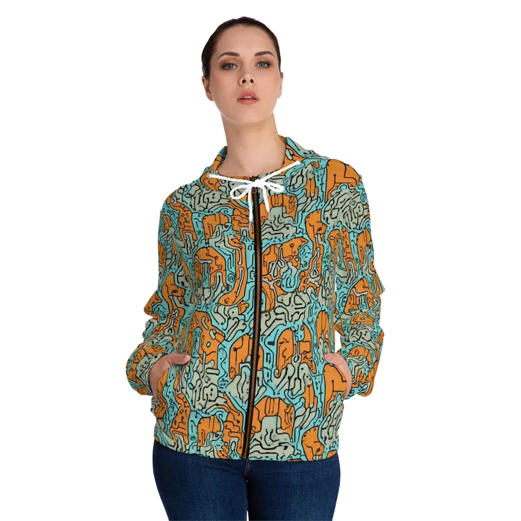 Tangerine Circuit on Women's Full-Zip Hoodie — Front On Person
