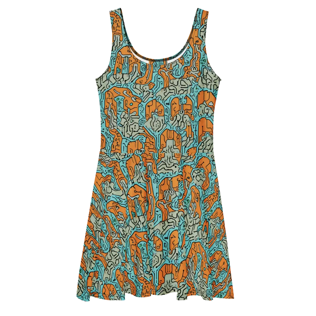 Tangerine Circuit on Skater Dress — Front