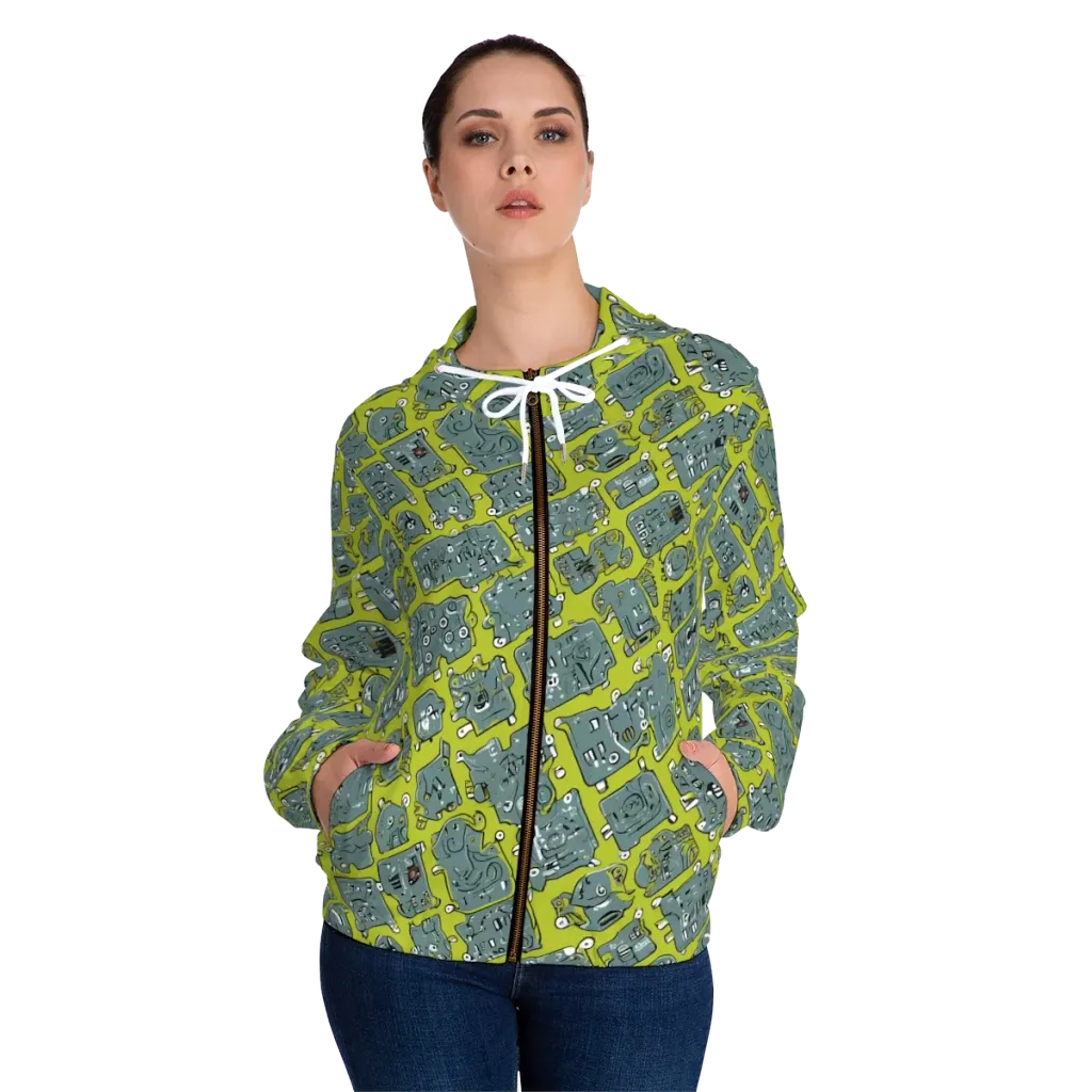 Lime Circuit on Women's Full-Zip Hoodie — Front On Person
