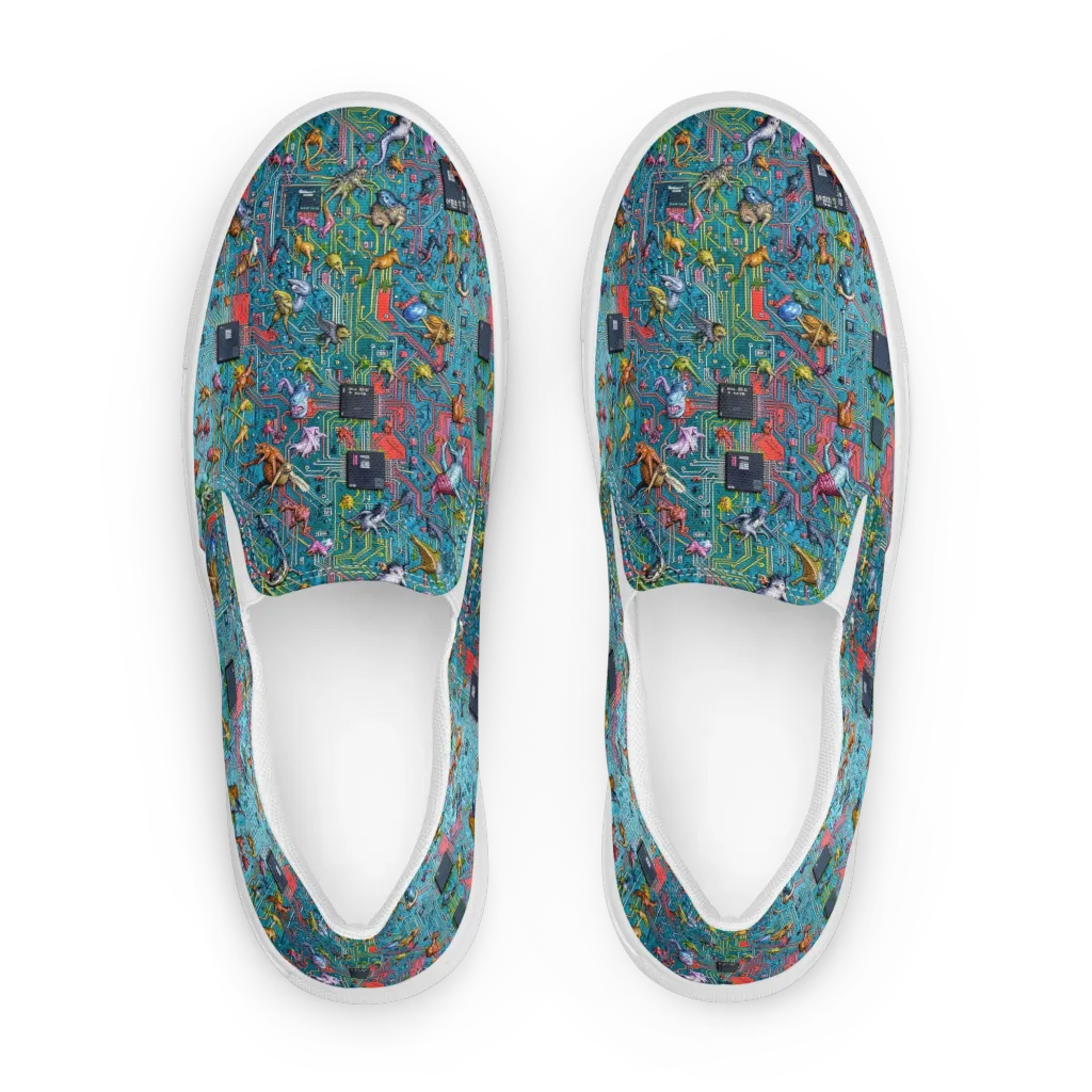 Circuit Menagerie on Men's Slip-On Canvas Shoes — Front