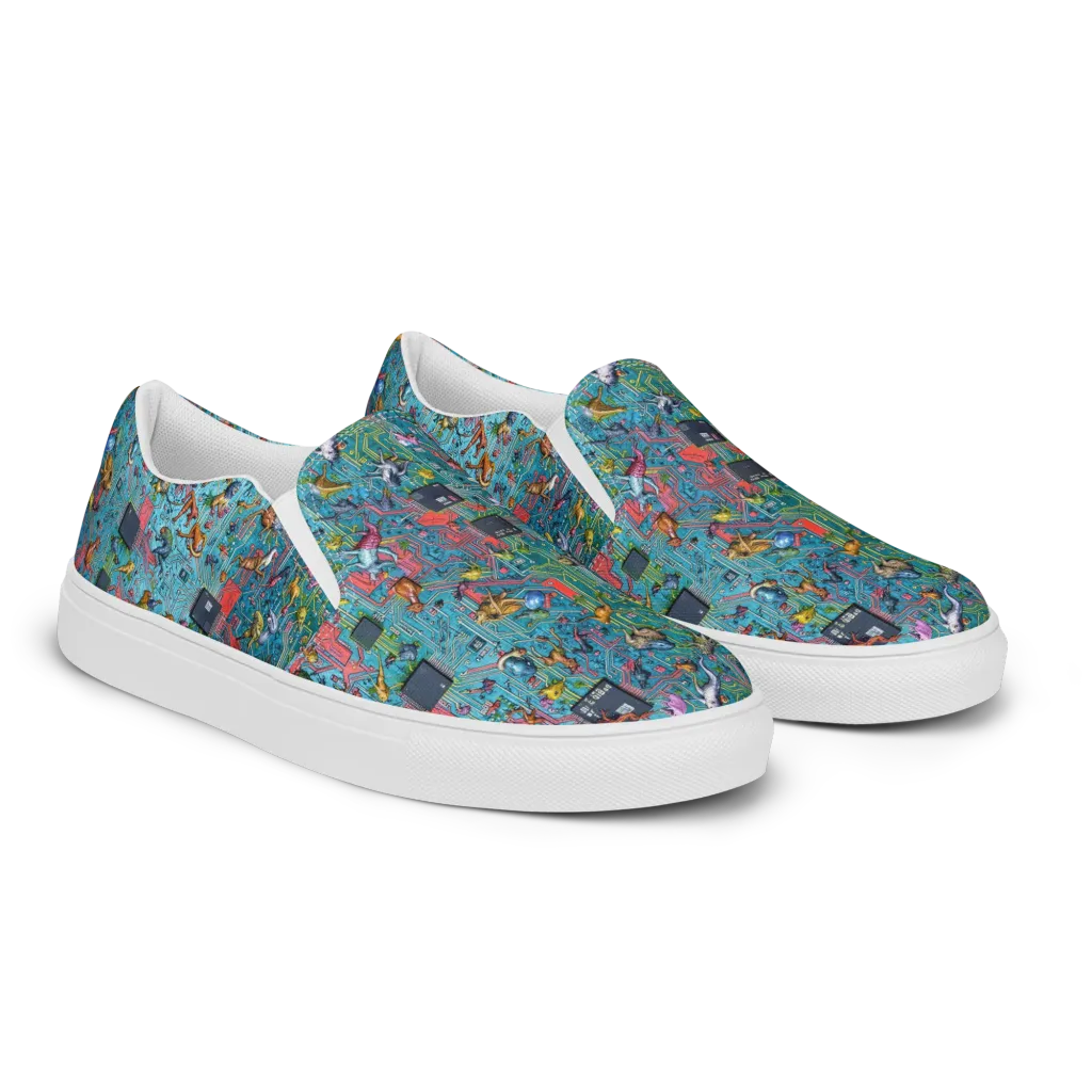 Circuit Menagerie on Men's Slip-On Canvas Shoes — Right Front