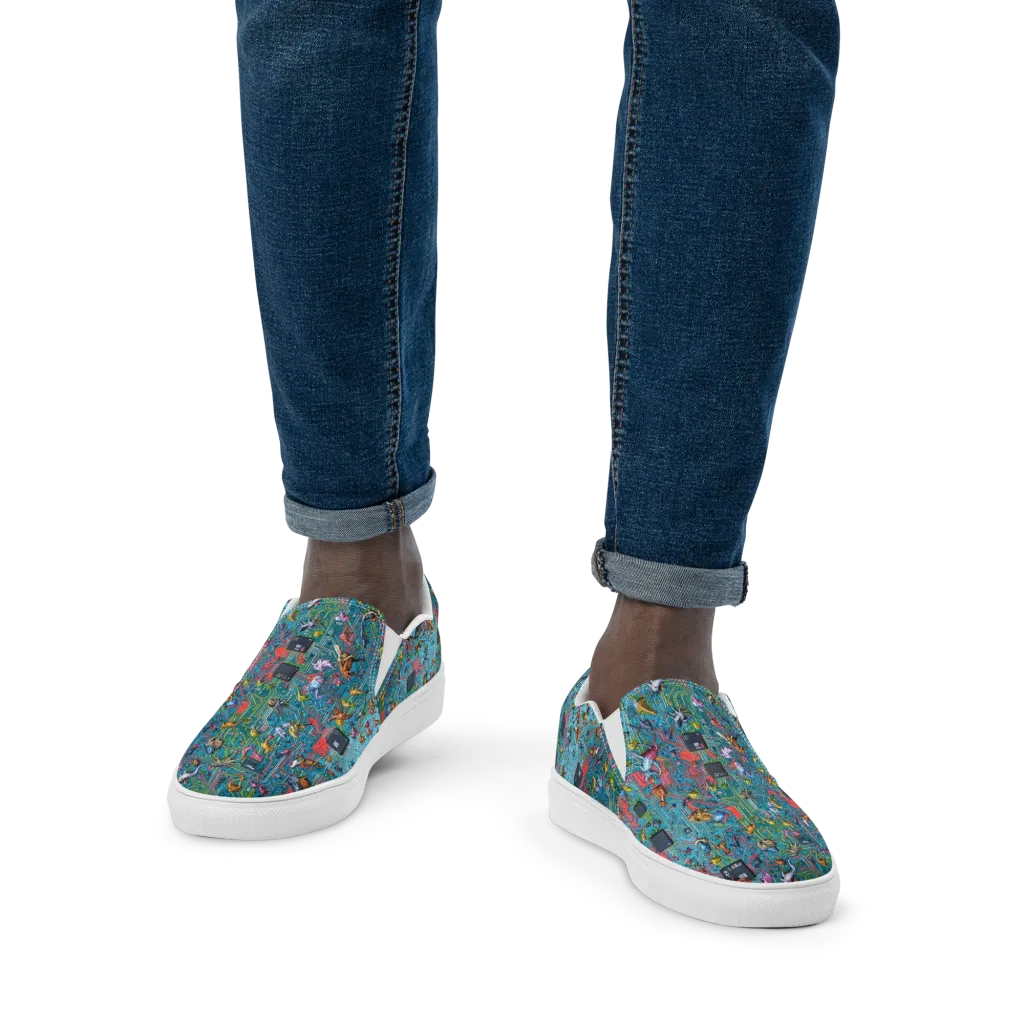 Circuit Menagerie on Men's Slip-On Canvas Shoes — Front