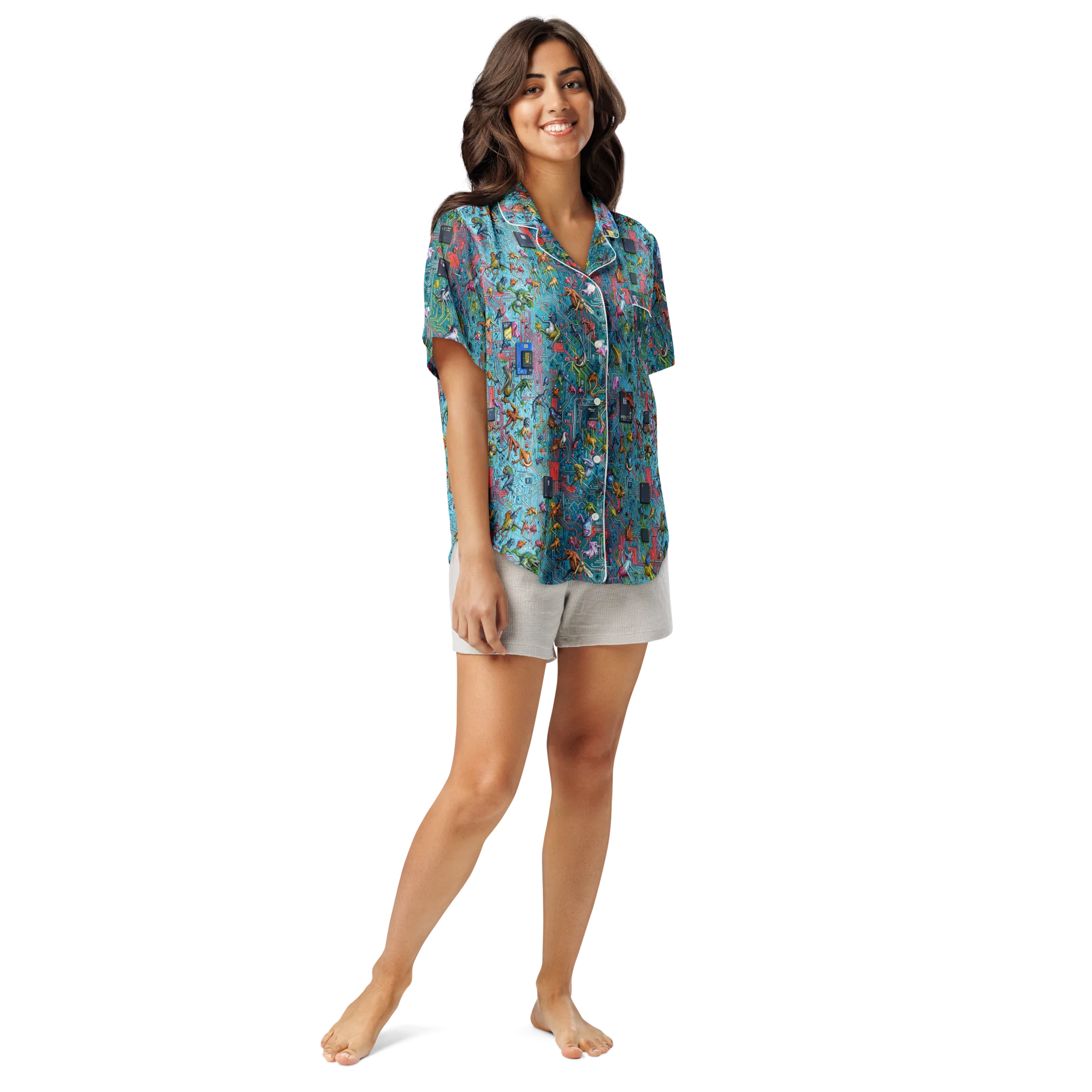 Circuit Menagerie on Women's Short Sleeve Pajama Top — Front