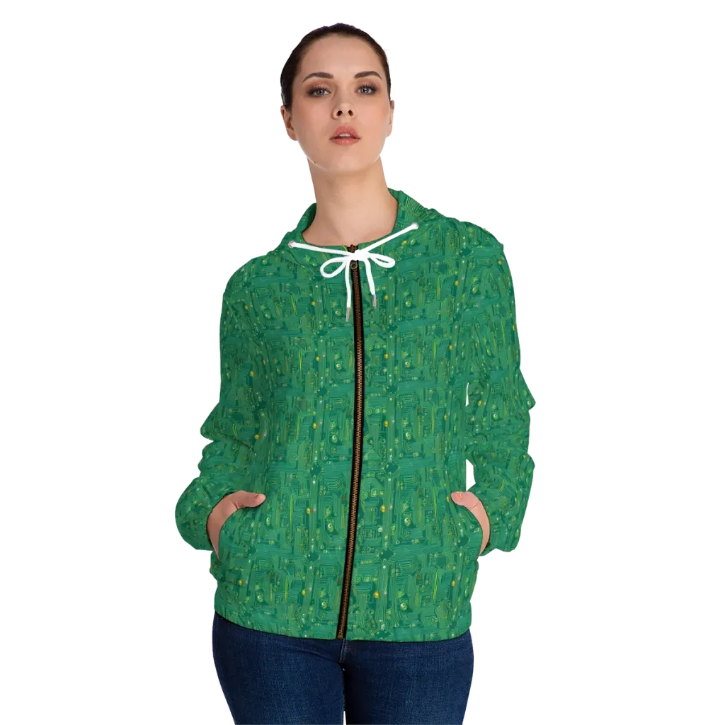 Golden Motherboard on Women's Full-Zip Hoodie — Front On Person