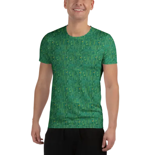 Golden Motherboard on a Men's Athletic T-Shirt