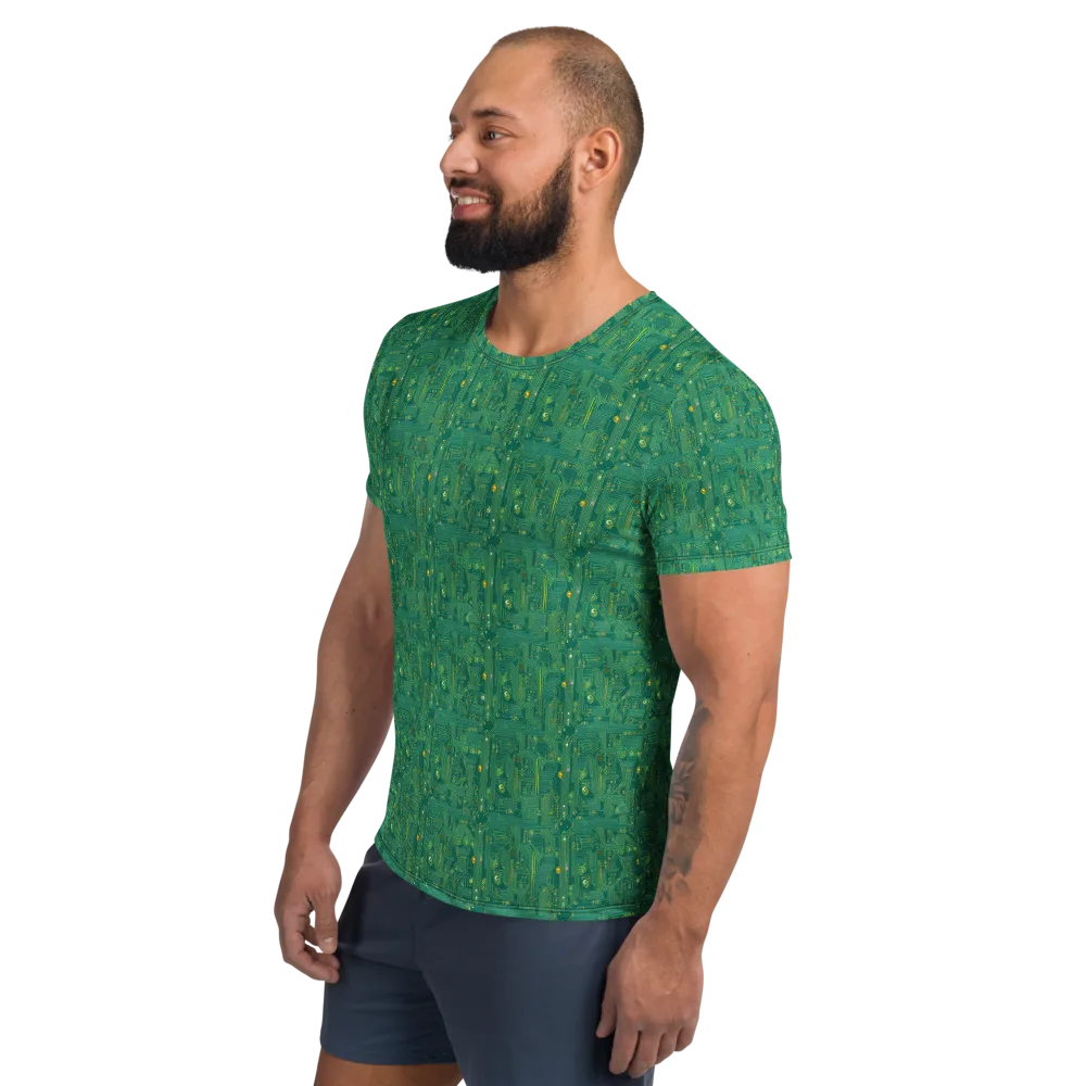 Golden Motherboard on Men's Athletic T-Shirt — Left