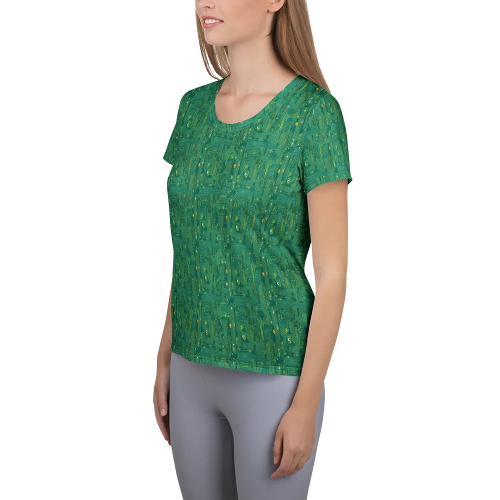 Golden Motherboard on Women's Athletic T-Shirt — Left
