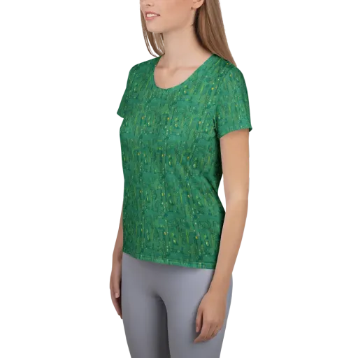 Golden Motherboard on a Women's Athletic T-Shirt