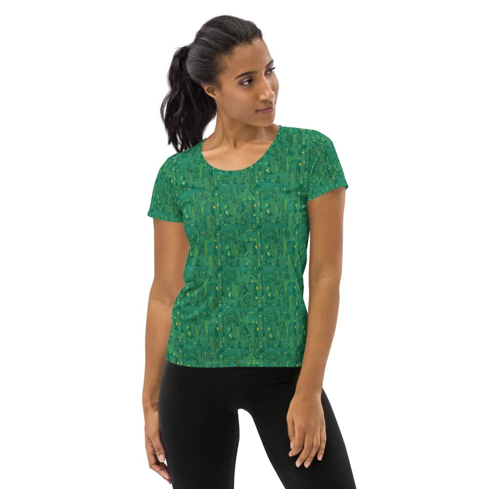 Golden Motherboard on Women's Athletic T-Shirt — Front