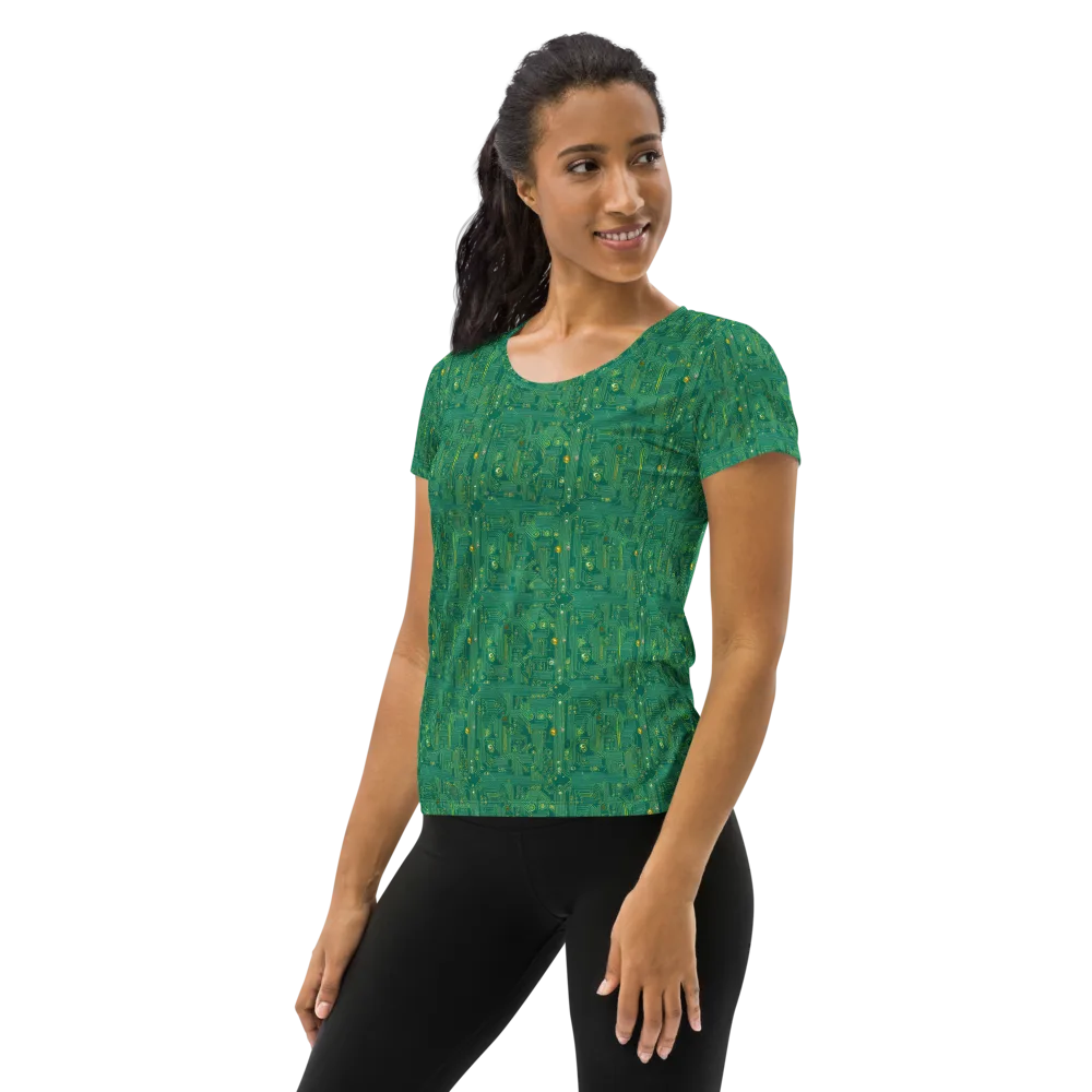 Golden Motherboard on Women's Athletic T-Shirt — Left