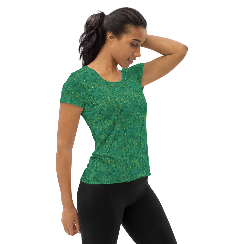 Golden Motherboard on Women's Athletic T-Shirt — Right