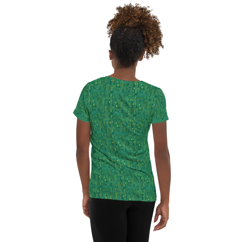 Golden Motherboard on Women's Athletic T-Shirt — Back