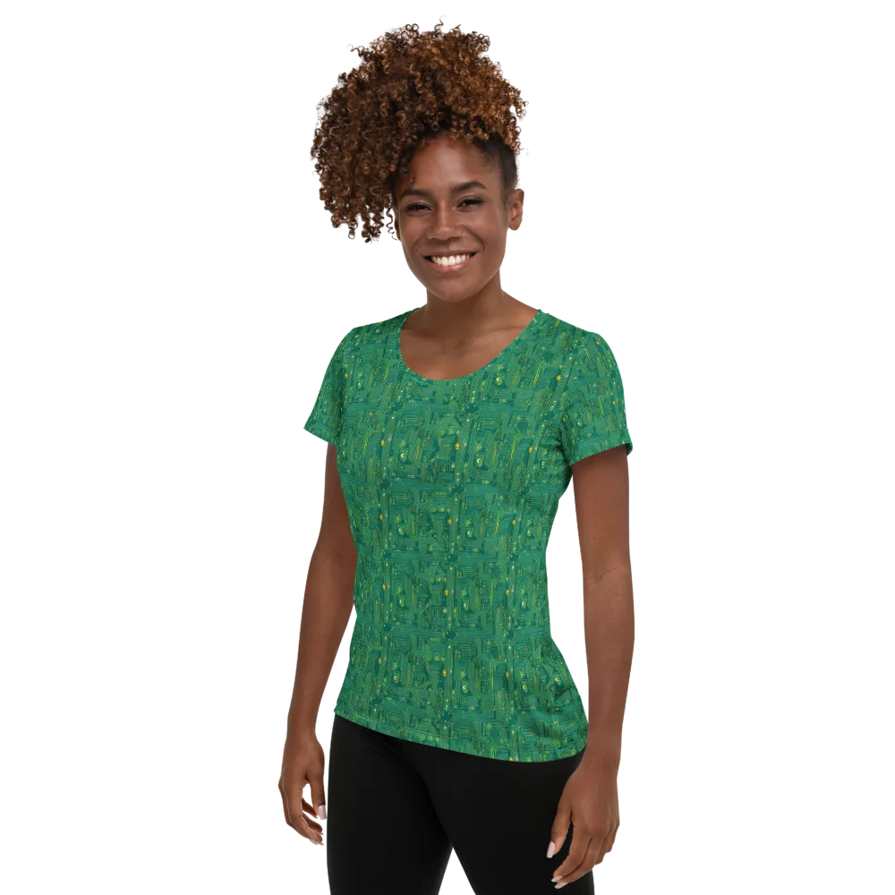 Golden Motherboard on Women's Athletic T-Shirt — Left