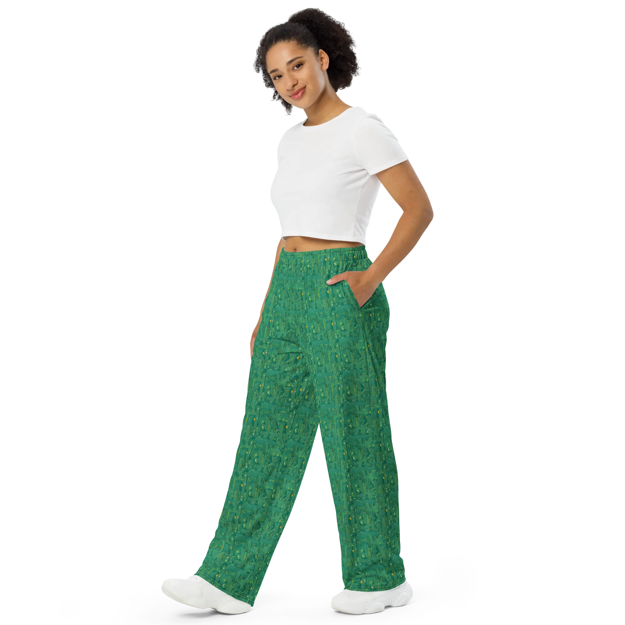 Golden Motherboard on Wide-Leg Pants — Left Front