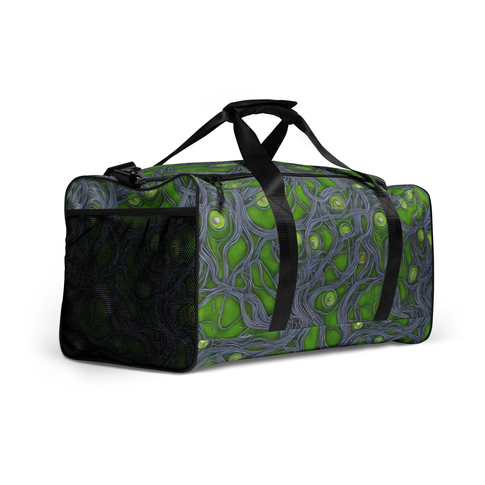 Neon Mycelium on Duffle Bag — Right Front